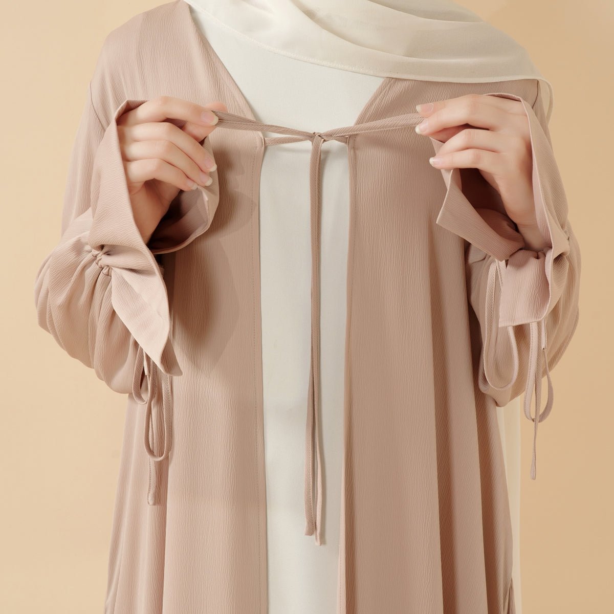 Summer Modest Fashion: Introducing Our New Essential Crepe Satin Open Abaya with Ribbon & Ruffle Sleeves April 2025 - Mariam's Collection