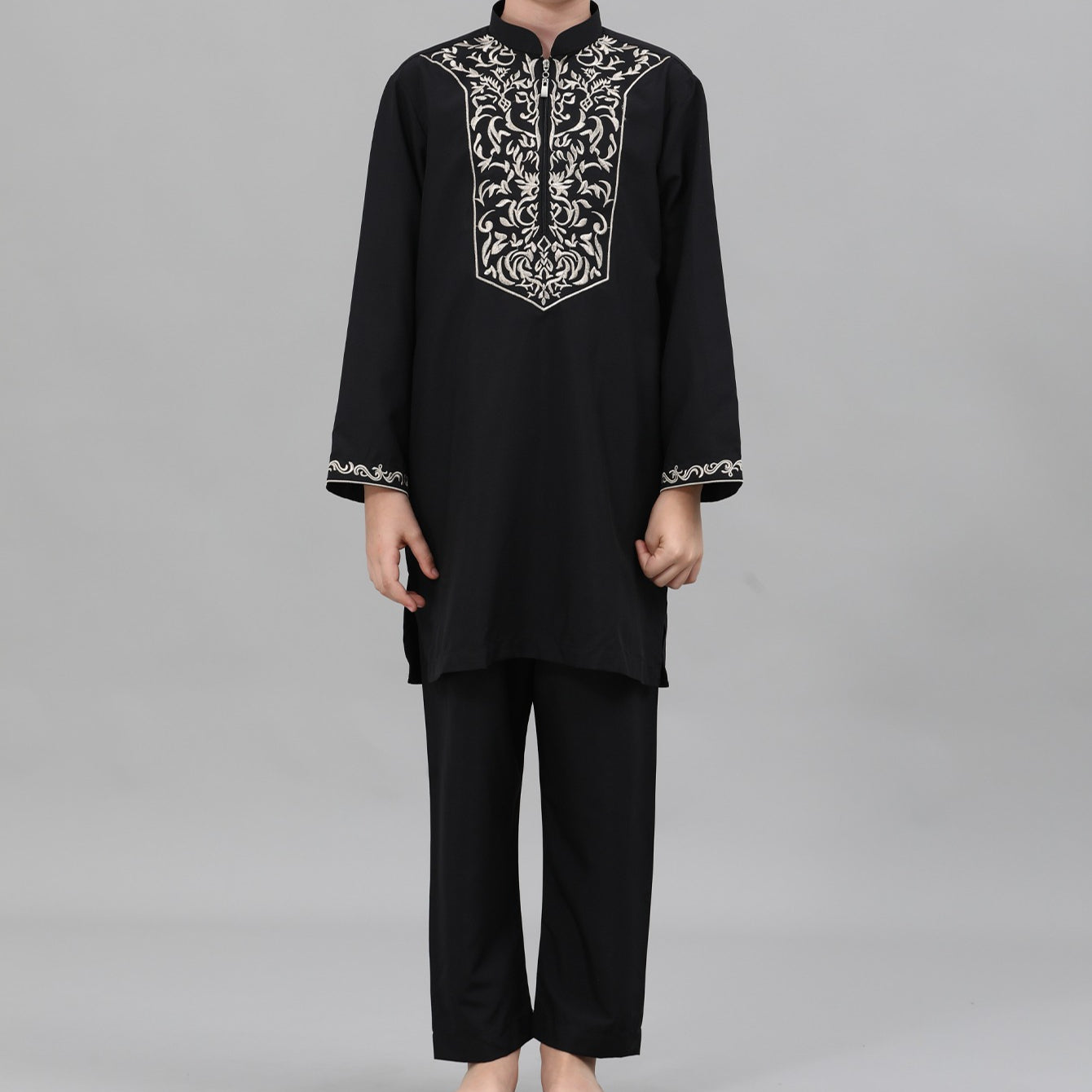 Boys Black Embroidered Tunic & Pants Set(MKB021)