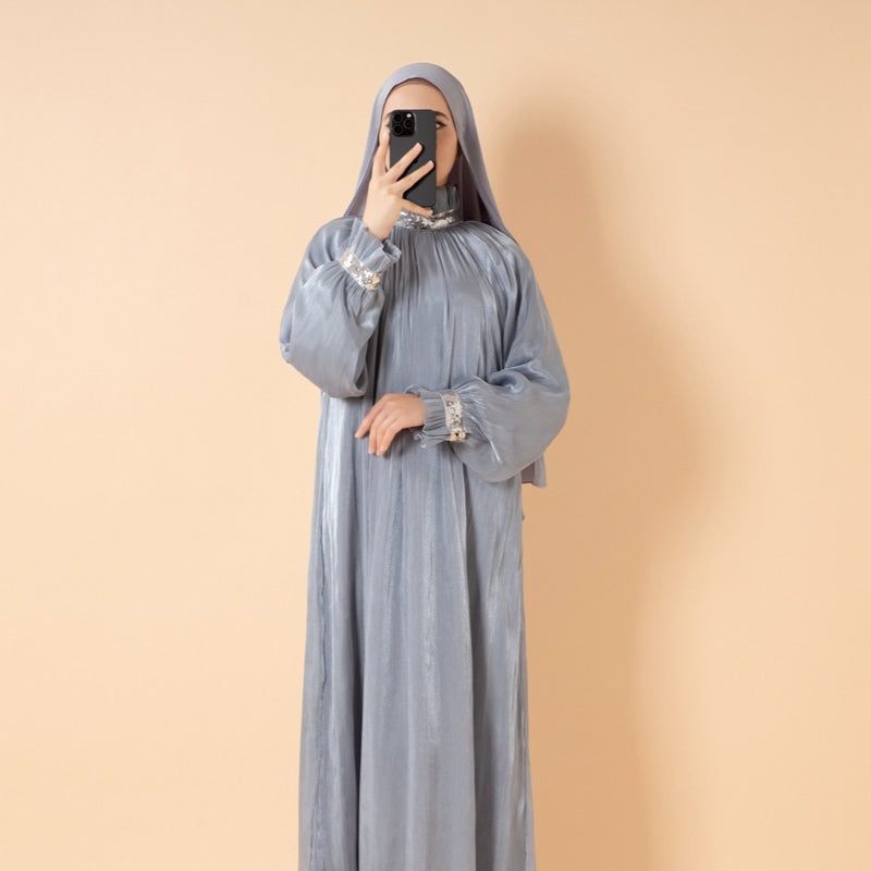 Elegant Glossy Flower Cuff Sequinned Abaya (MA140)