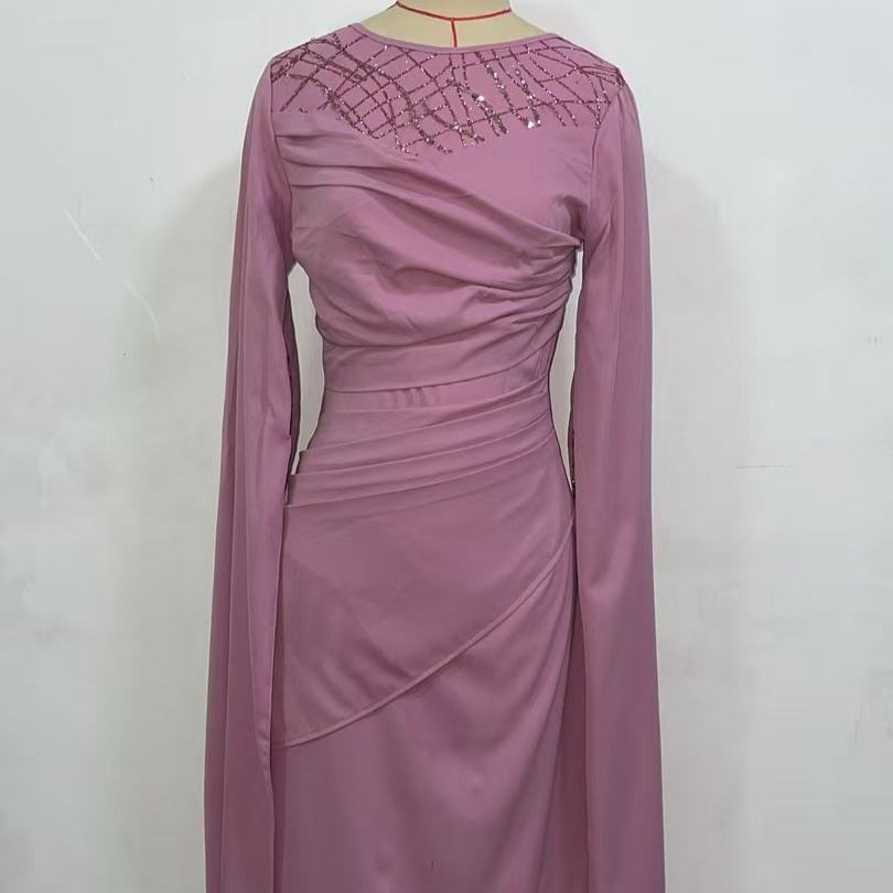 Sequin Embellished Formal Dress | Long Sleeve Ruched Bodycon Dress(MS272)