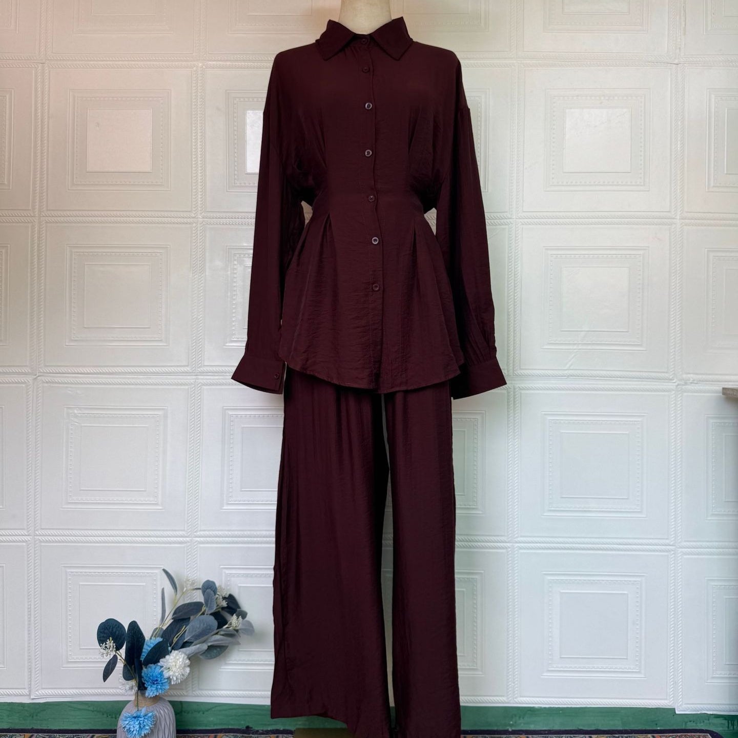 Peplum Shirt & Wide-Leg Trousers Co-ord Set(MS481)