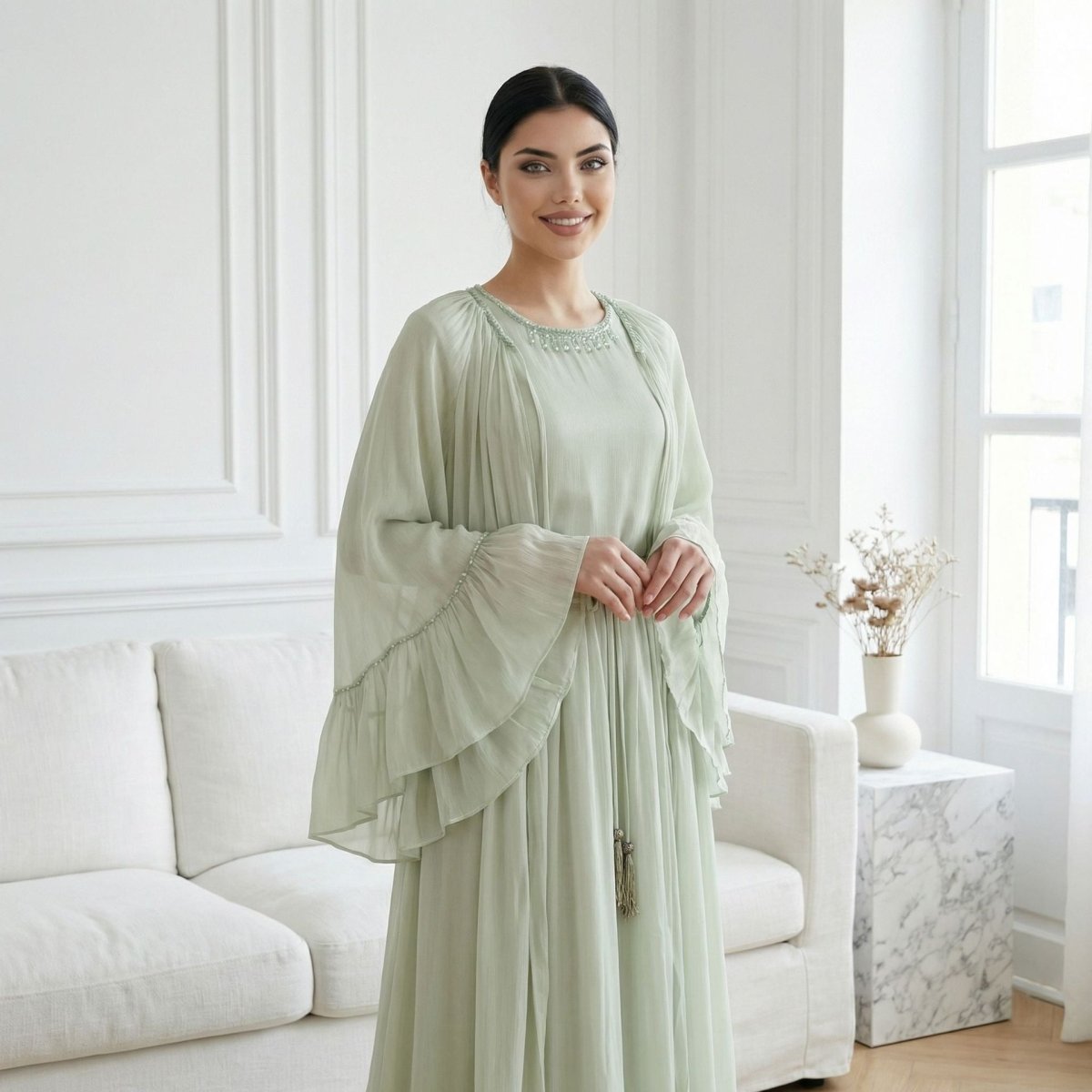 Full-length side profile of floor-length pleated maxi dress with waist belt