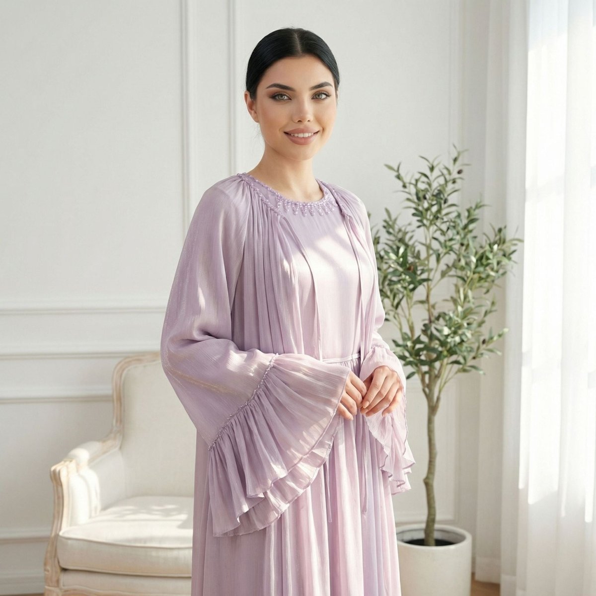 Front view of open-front ruffle cape with double-layered bell sleeves