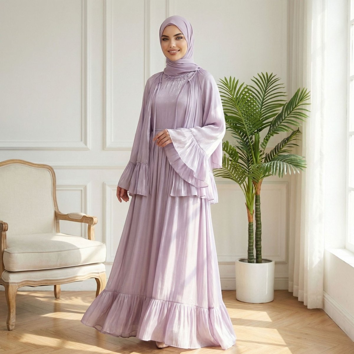 Crystal Beaded Ruffle Abaya Set – 2-Piece Party Abaya