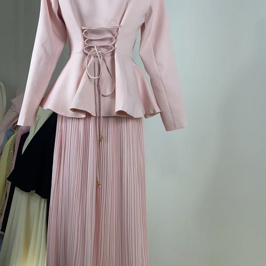 2 - Piece Embroidered Peplum Jacket & Micro Pleat Maxi Skirt Set(MS417) - Mariam's Collection