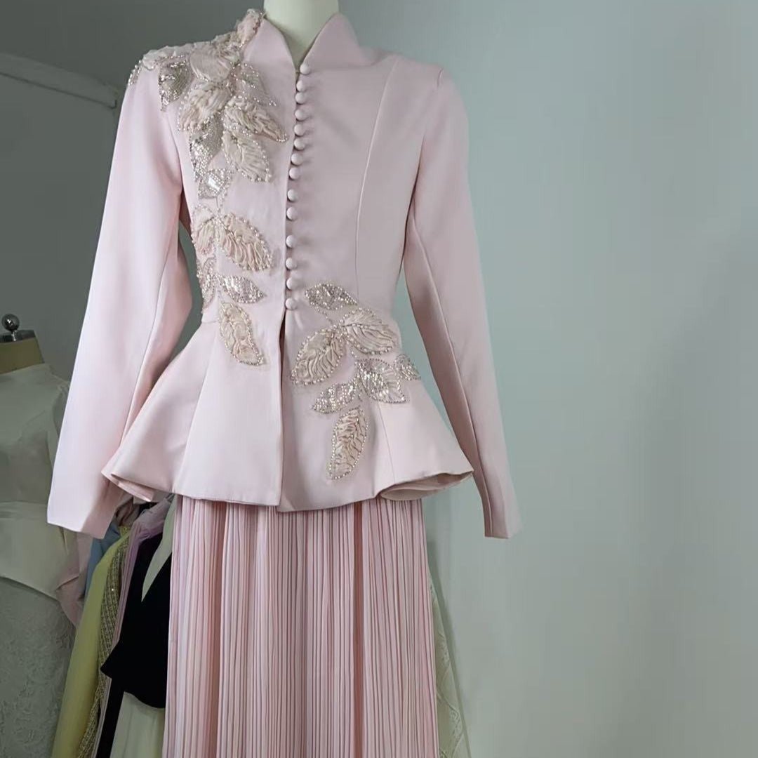 2 - Piece Embroidered Peplum Jacket & Micro Pleat Maxi Skirt Set(MS417) - Mariam's Collection