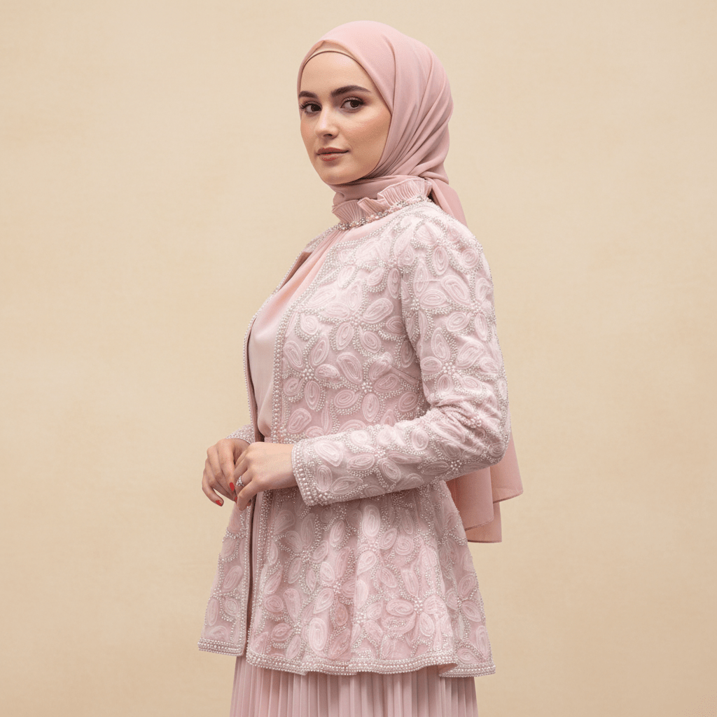 Pearl-trimmed cuffs and collar detail on embroidered peplum jacket