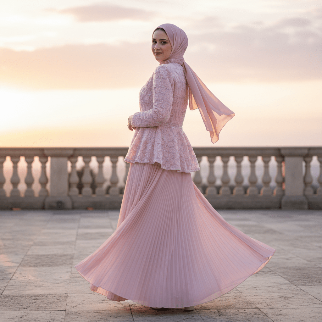 Back view of 2-piece pearl beaded embroidered jacket and chiffon pleated maxi dress set