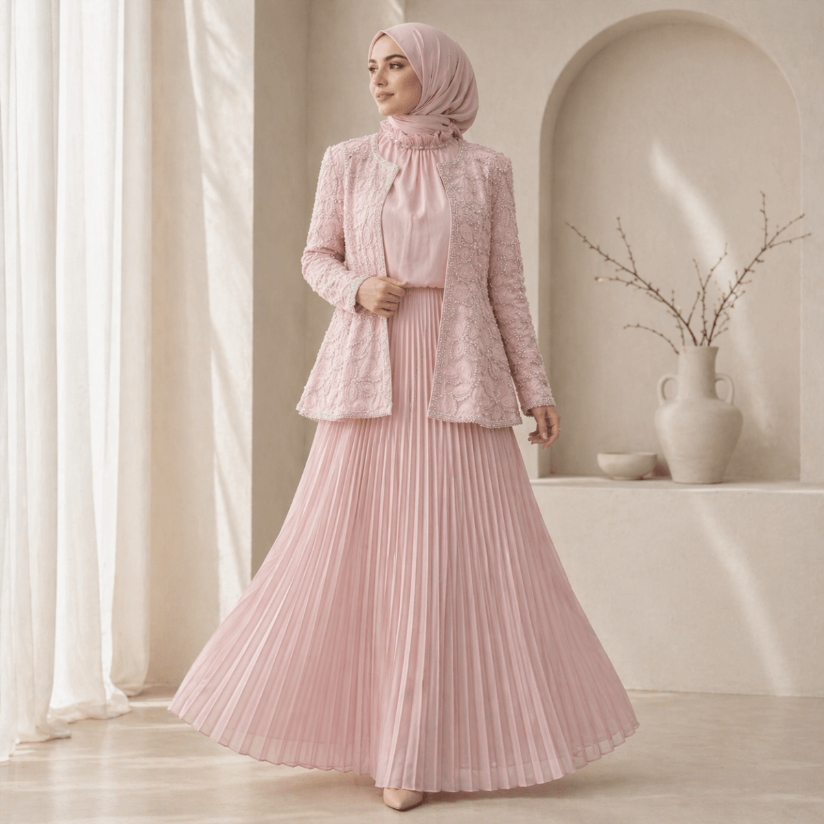 Pearl Beaded 3D Rose Embroidered Dress Set – Luxury Jacket Maxi