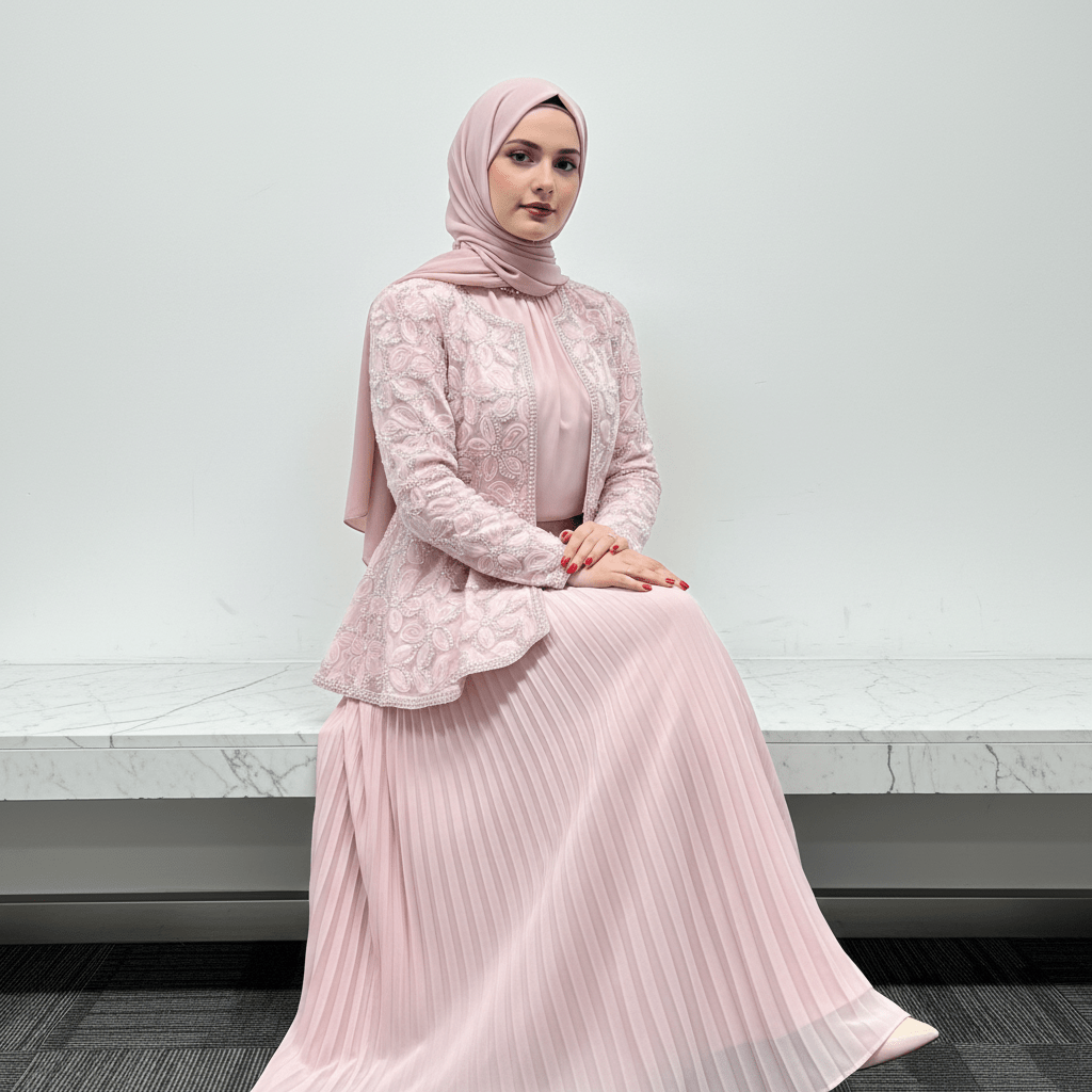 2 - Piece Pearl Beaded 3D Rose Embroidered Jacket & Chiffon Pleated Maxi Dress Set(MS401) - Mariam's Collection