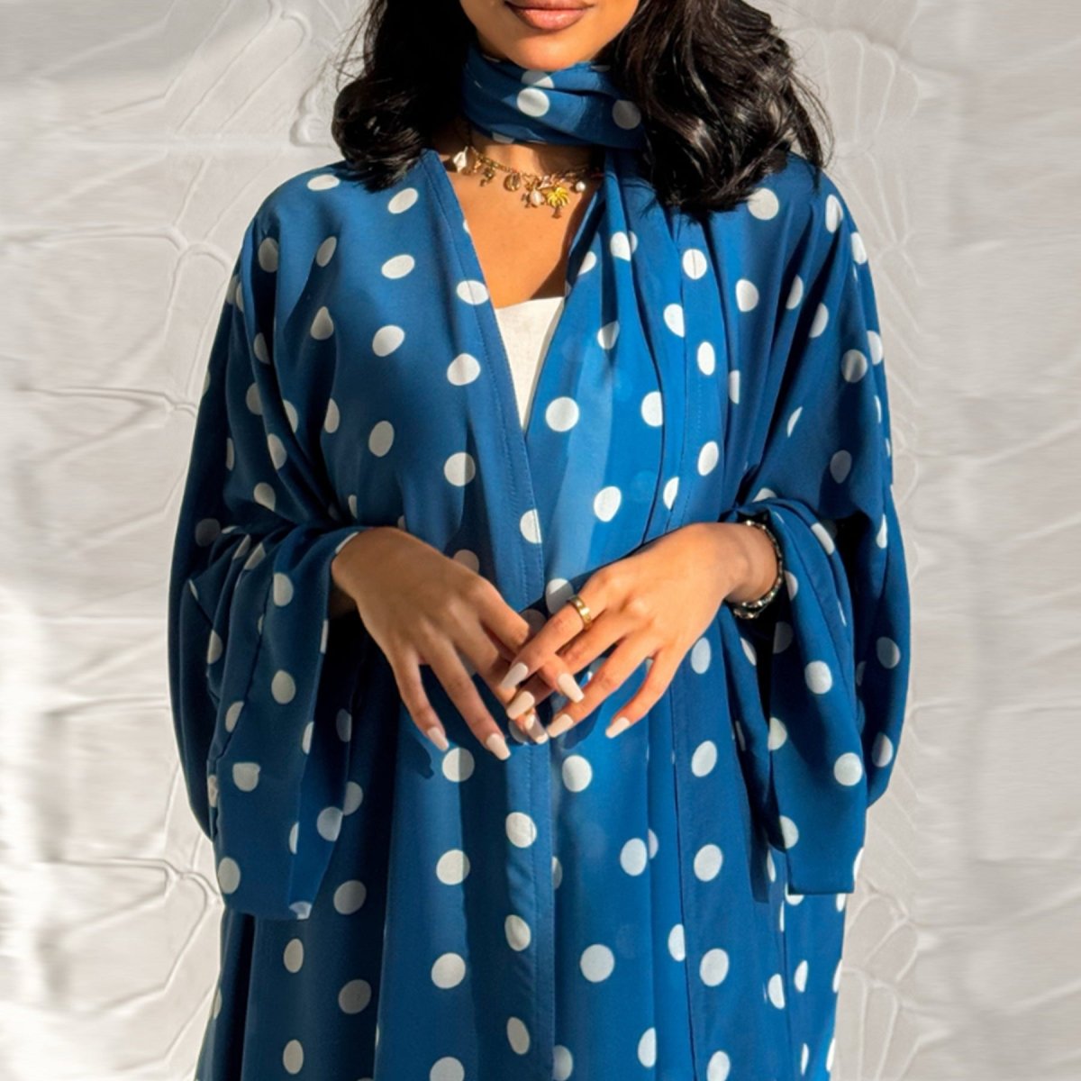 Polka dot abaya cardigan open-front drape detail