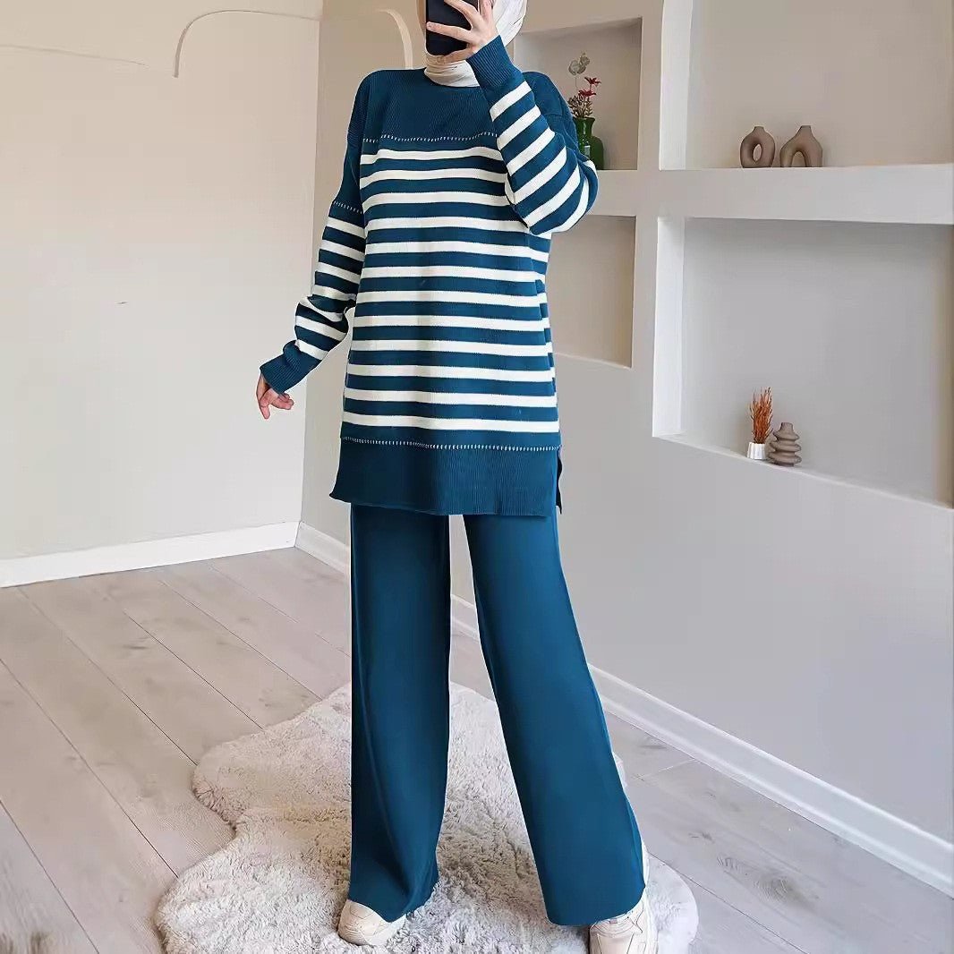 2-Piece Stripe Knit Sweater & Wide Leg Pants Set(MS426) - Mariam's Collection