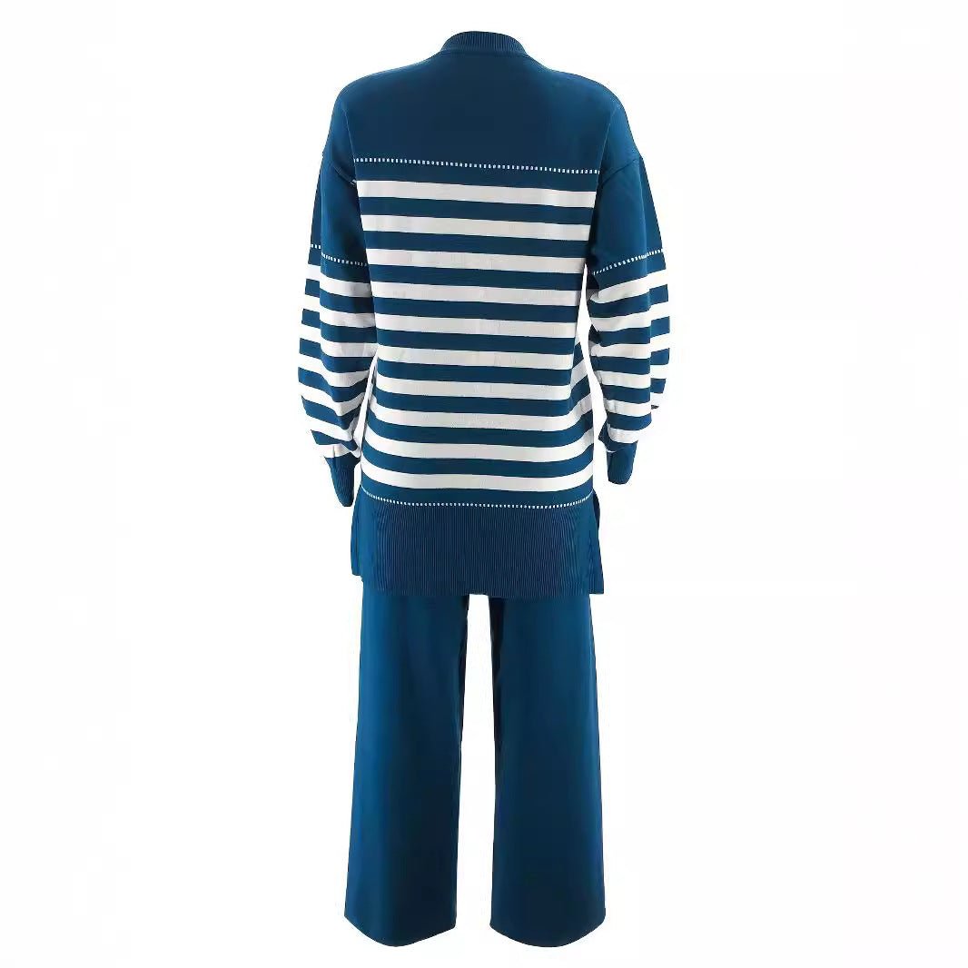 2-Piece Stripe Knit Sweater & Wide Leg Pants Set(MS426) - Mariam's Collection