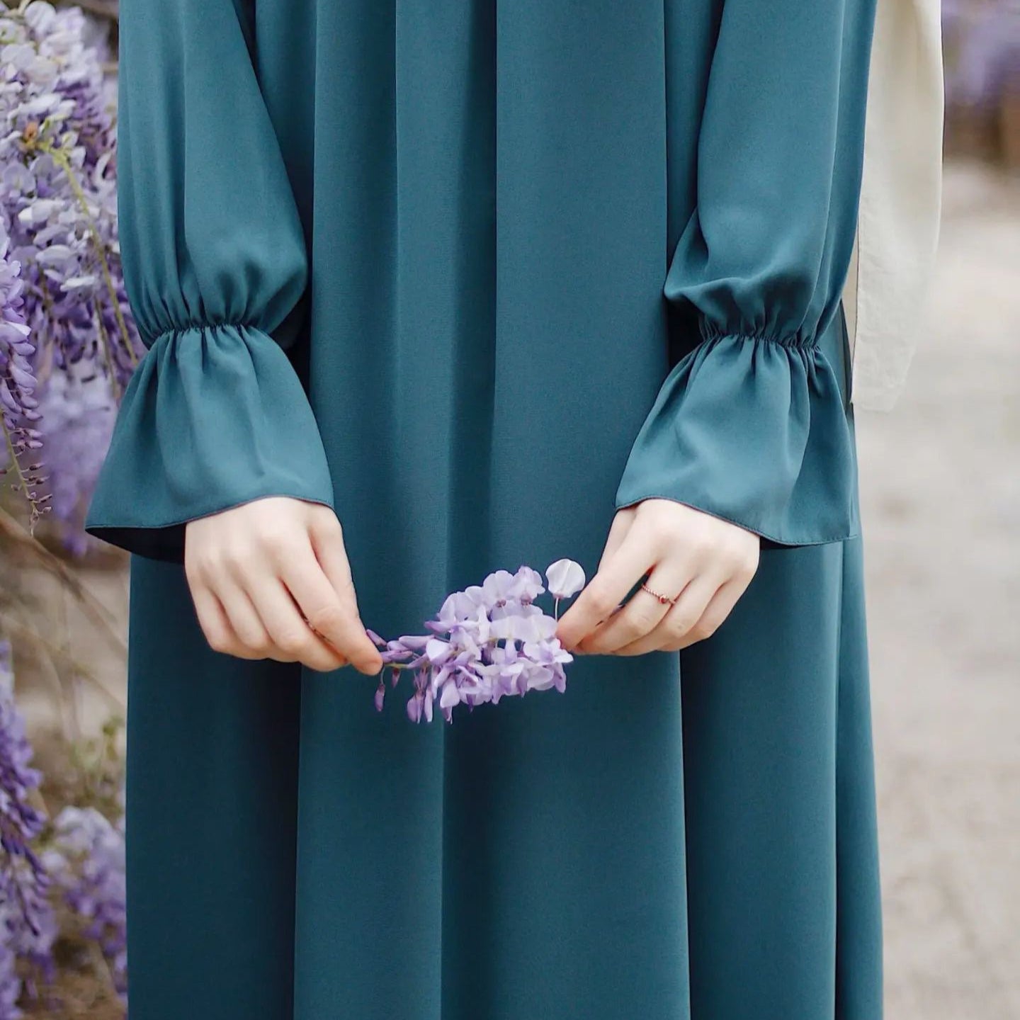 Bell Sleeve Chiffon Abaya | Round Neck Pocket Maxi Dress(MA363)