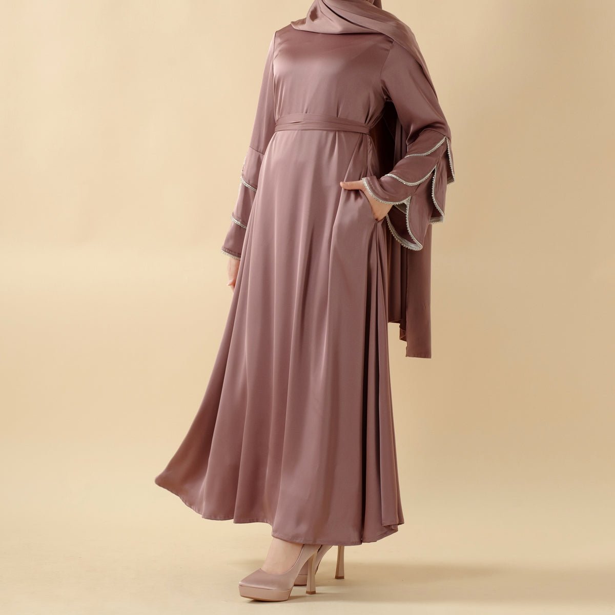 3 - Layer Diamond Ruffle Sleeve Abaya With Pockets (MA040) - Mariam's Collection