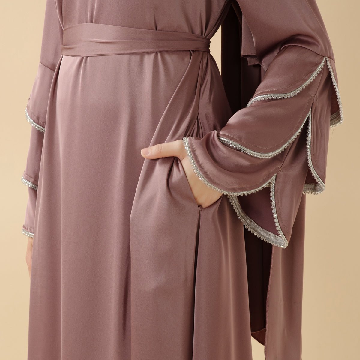 3 - Layer Diamond Ruffle Sleeve Abaya With Pockets (MA040) - Mariam's Collection