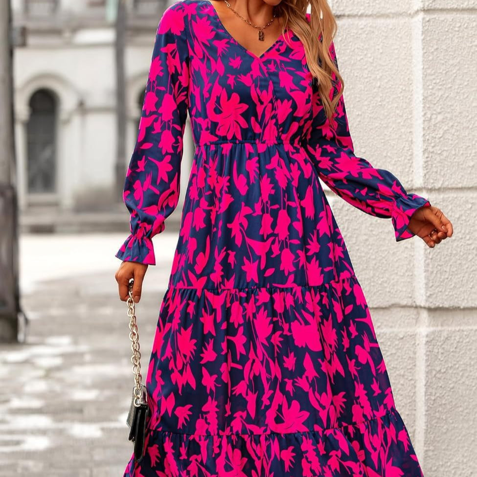 Floral Print V-Neck Midi Dress | Long Sleeve Elastic Waist Dress(MS271)