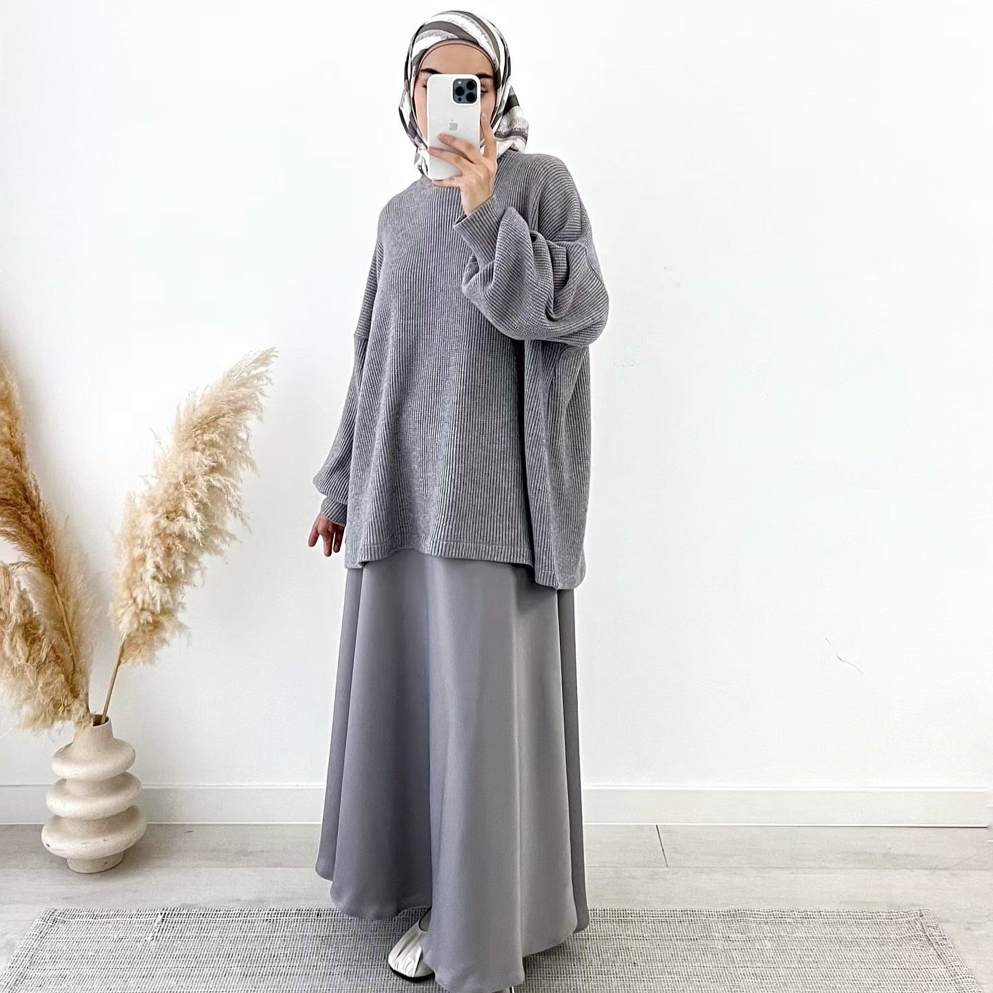Ribbed Knit Sweater & Maxi Skirt Set | Oversized Pullover Two-Piece(MS224)
