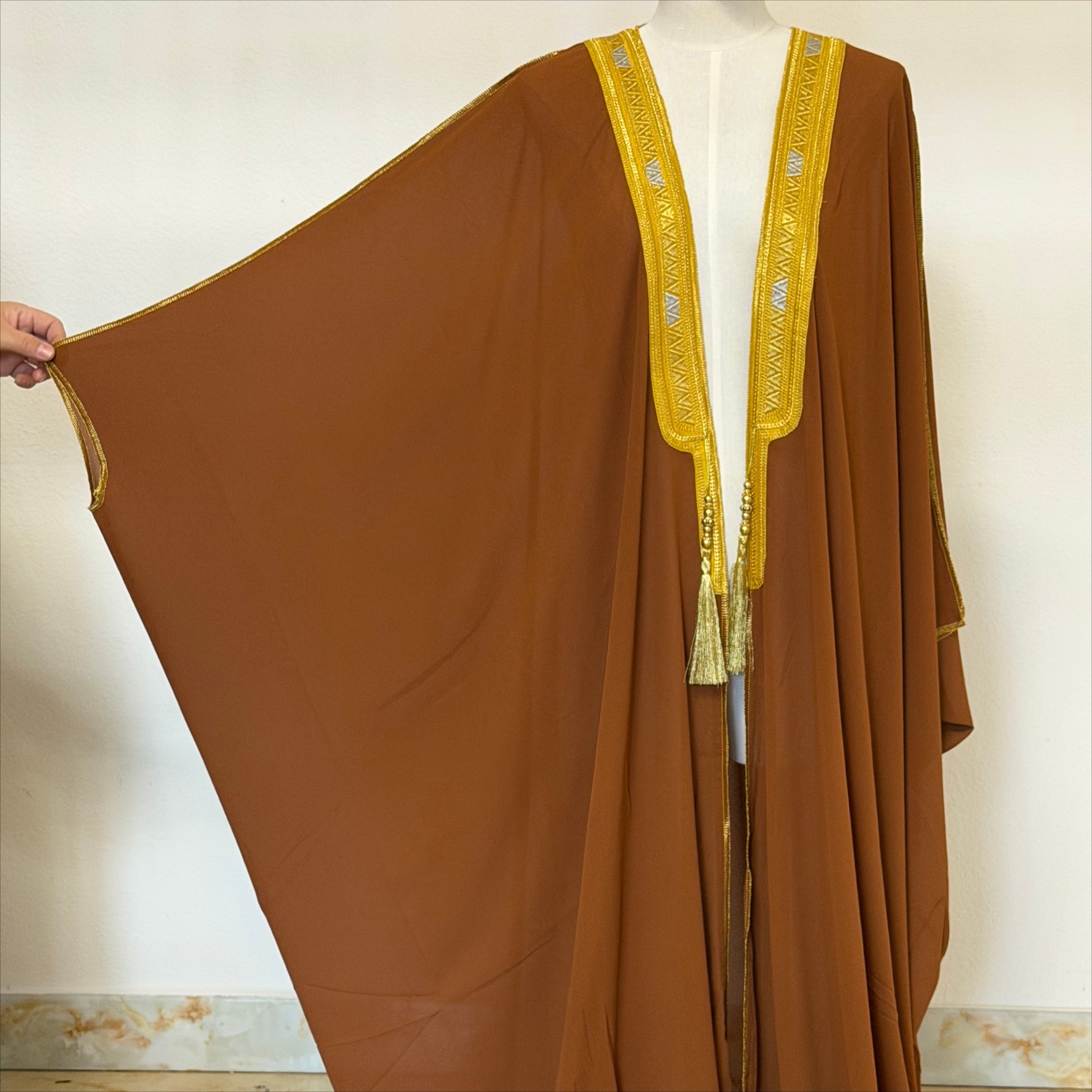 Archive Piece Gold Geometric Embroidered Batwing Open Abaya - MP056 (Size L Only)