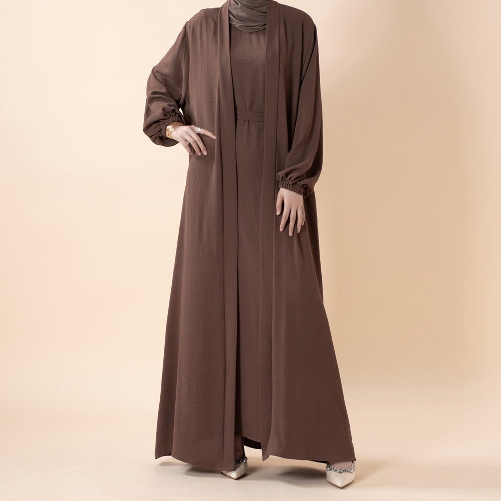 Solid Color Elegant Open Abaya with Pockets | 3-Piece Set Open Abaya (MOA092)