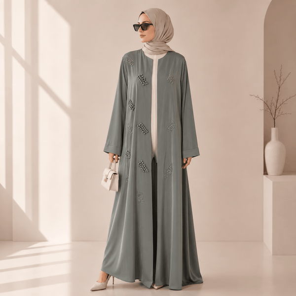 3D Beaded Open Abaya | Embellished Longline Cardigan Robe - MP076 - Mariam's Collection