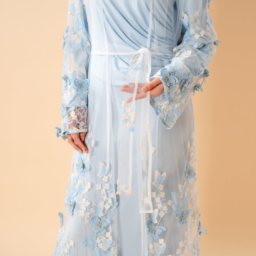 3D Butterfly Embroidered Open Abaya Cardigan with Waist Belt(MOA303) - Mariam's Collection