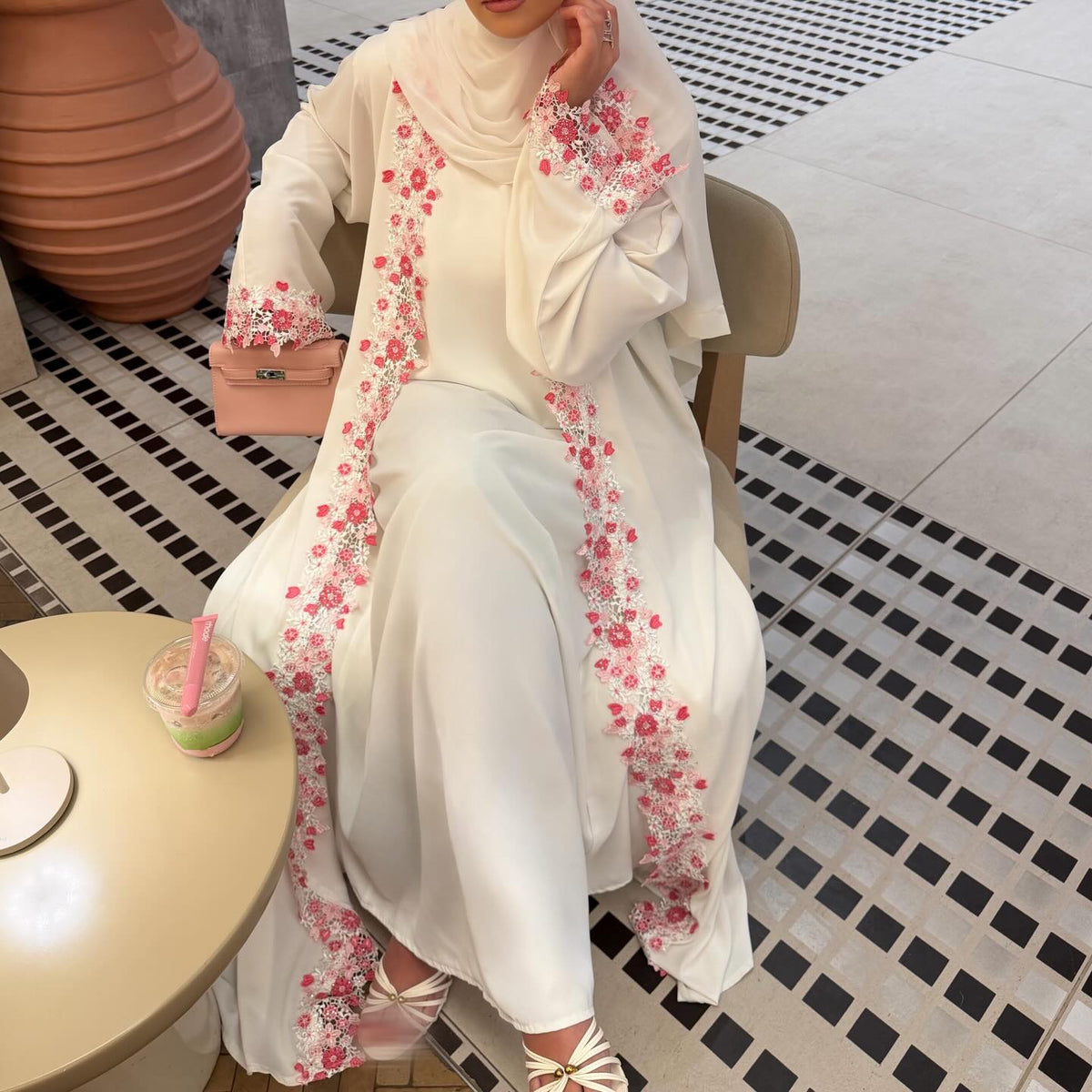 3D Floral Embroidered Nida Open Abaya Set | Inner Dress & Hijab(MOA356) - Mariam's Collection