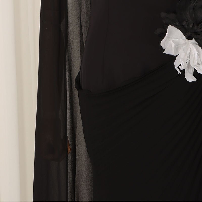 3D Floral Waist Evening Maxi Dress | Sheer Mesh Raglan-Sleeve Gown(MS566) - Mariam's Collection
