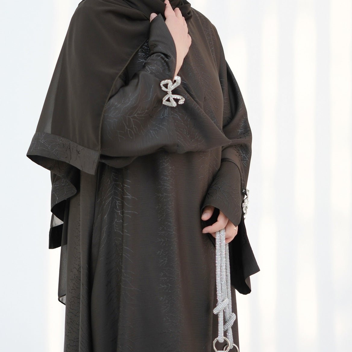 3D Jacquard Bow Abaya & Hijab Set | Butterfly Sleeve Brocade Dress(MA352) - Mariam's Collection