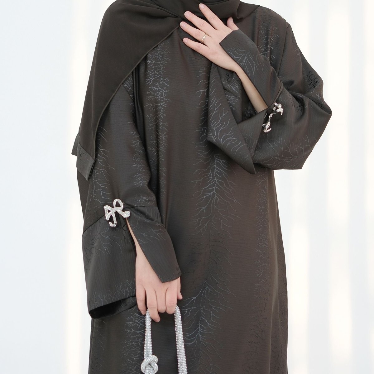 3D Jacquard Bow Abaya & Hijab Set | Butterfly Sleeve Brocade Dress(MA352) - Mariam's Collection