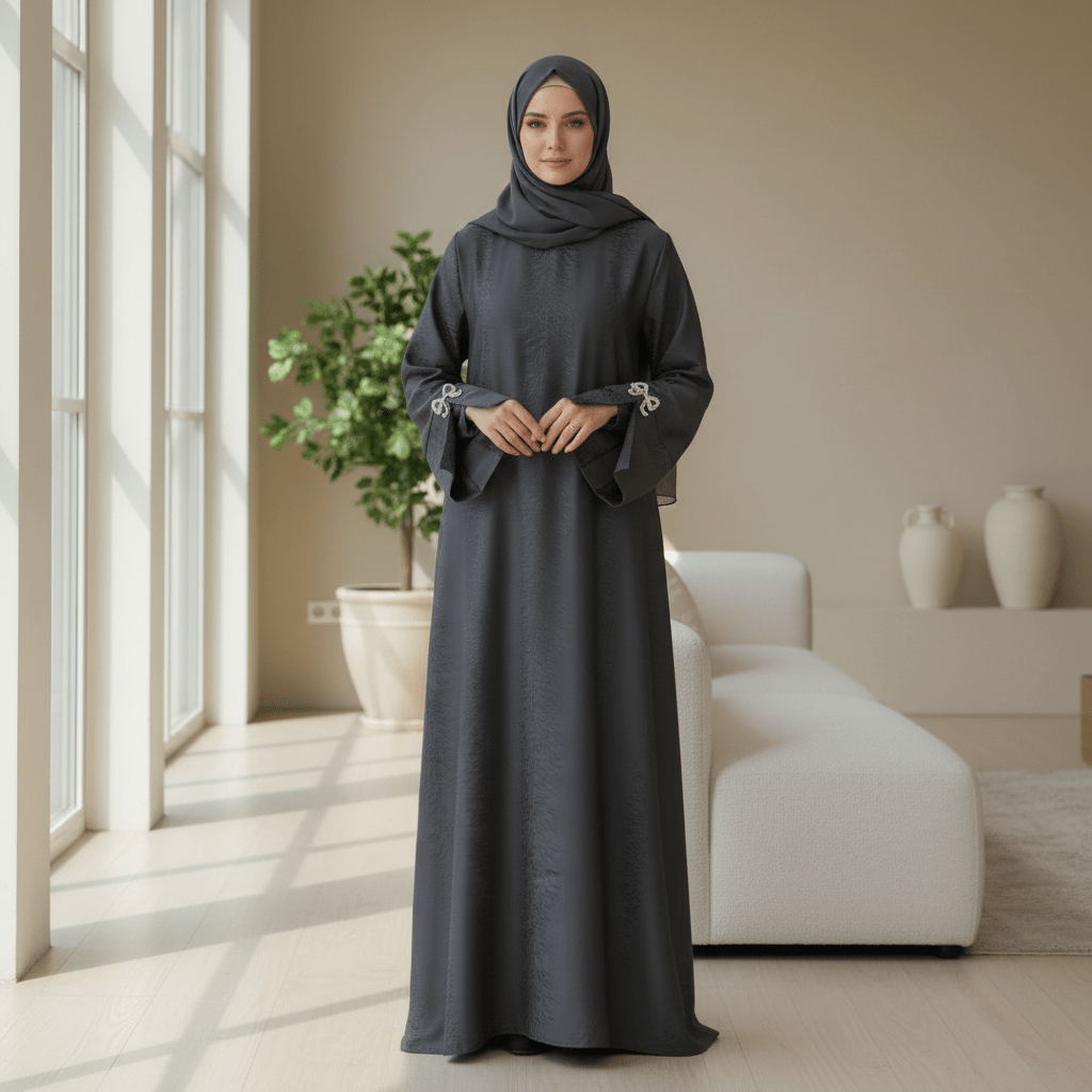 3D Jacquard Bow Abaya & Hijab Set | Butterfly Sleeve Brocade Dress(MA352) - Mariam's Collection