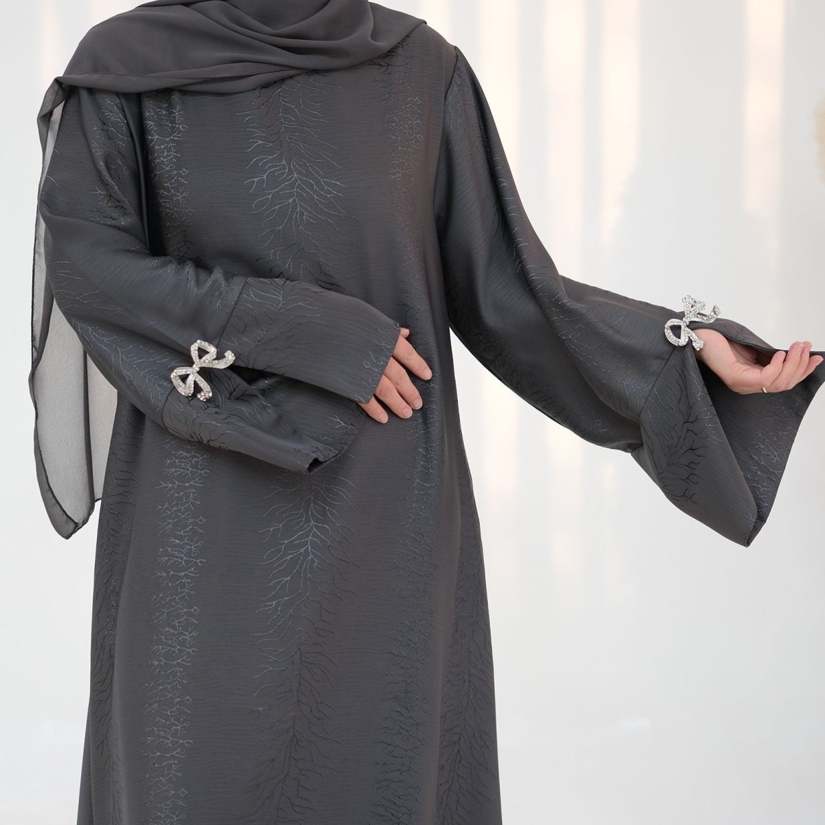 3D Jacquard Bow Abaya & Hijab Set | Butterfly Sleeve Brocade Dress(MA352) - Mariam's Collection