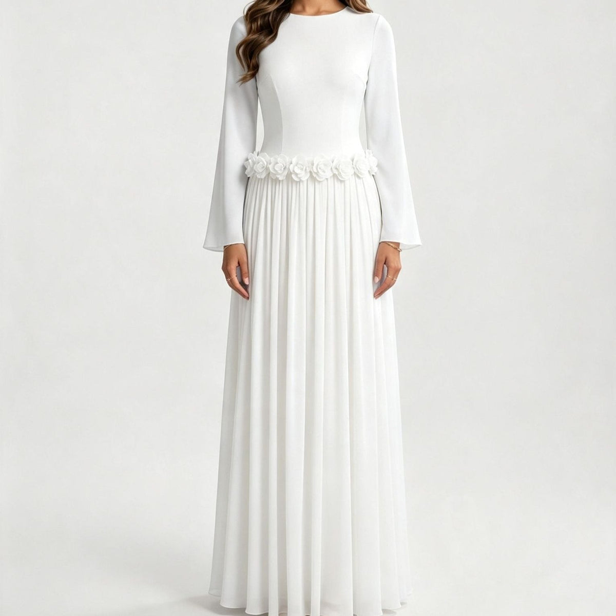 Princess-line bodice and sculptural rose waist on maxi dress