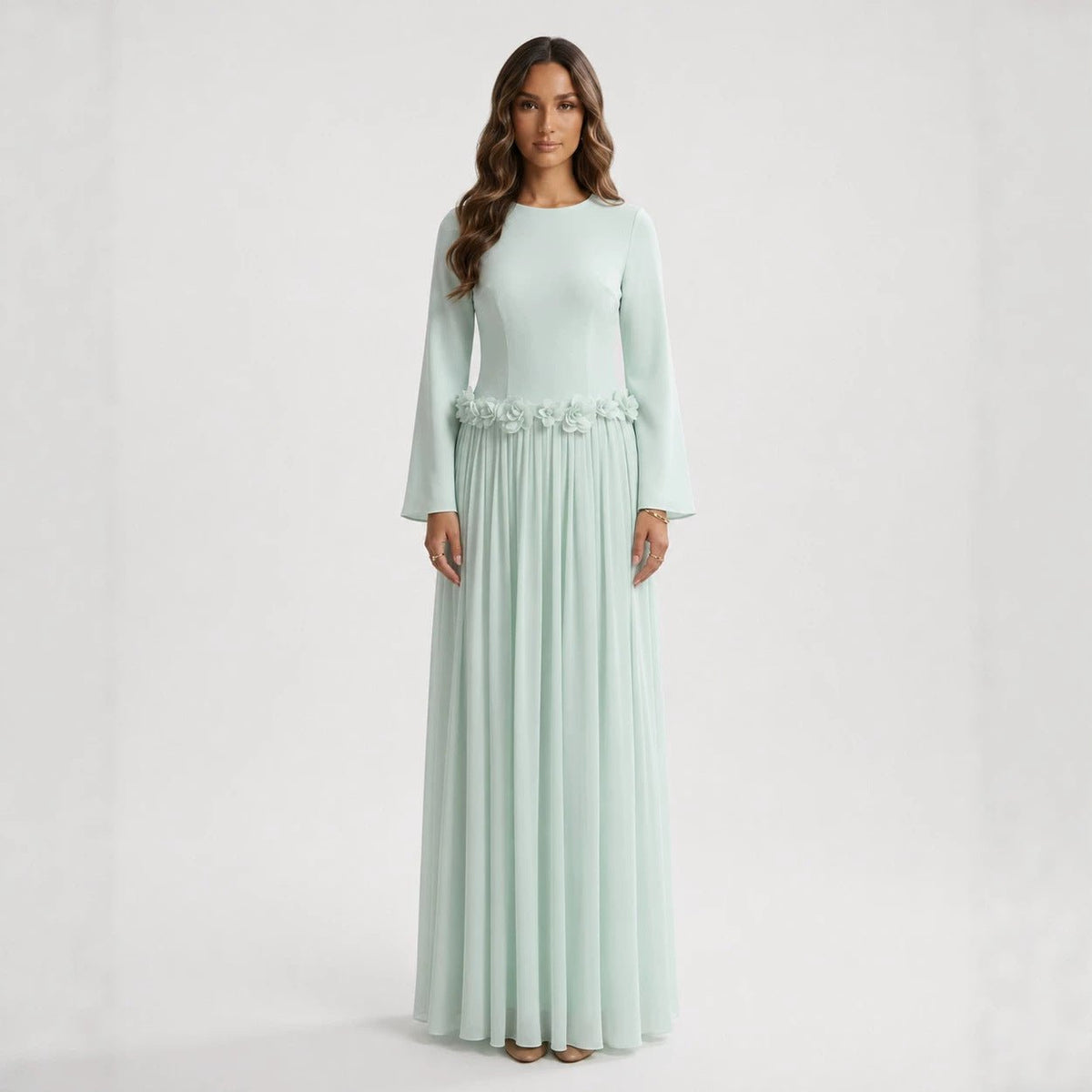 3D Rose Maxi Dress – Fitted Floral Waist Maxi Dress
