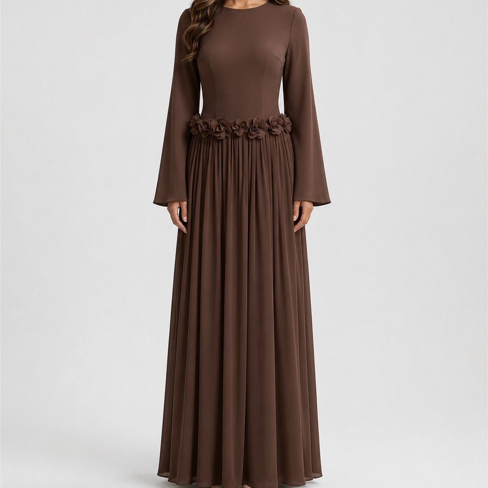 Burgundy colourway of handcrafted floral maxi dress for evening events