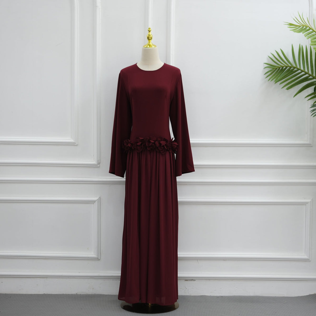 Pleated skirt movement on ivory 3D rose maxi dress