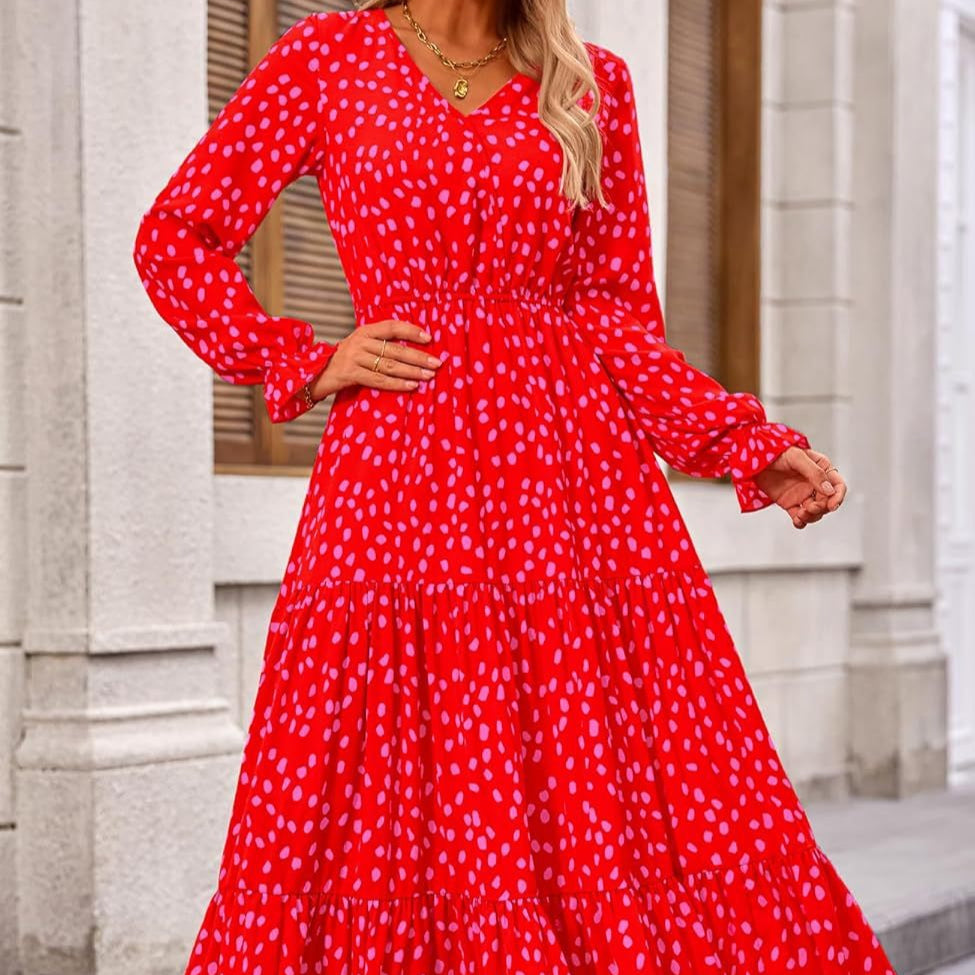 Floral Print V-Neck Midi Dress | Long Sleeve Elastic Waist Dress(MS271)