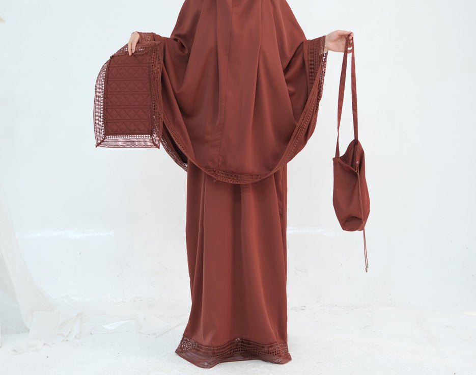 Back view of hooded prayer dress with full coverage and matte nida fabric