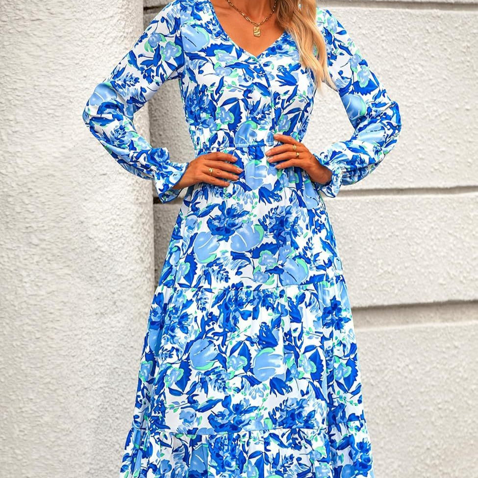 Floral Print V-Neck Midi Dress | Long Sleeve Elastic Waist Dress(MS271)