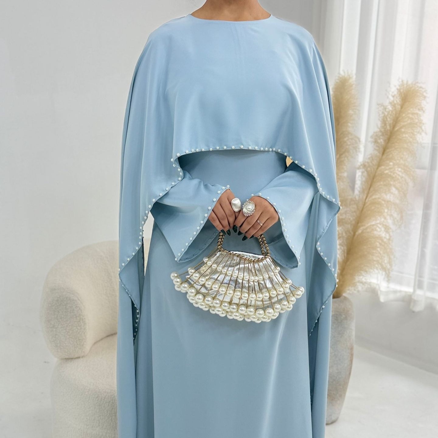 Pearl Embellished Kaftan Abaya | Luxury Cape Sleeve Maxi Dress(MA382)