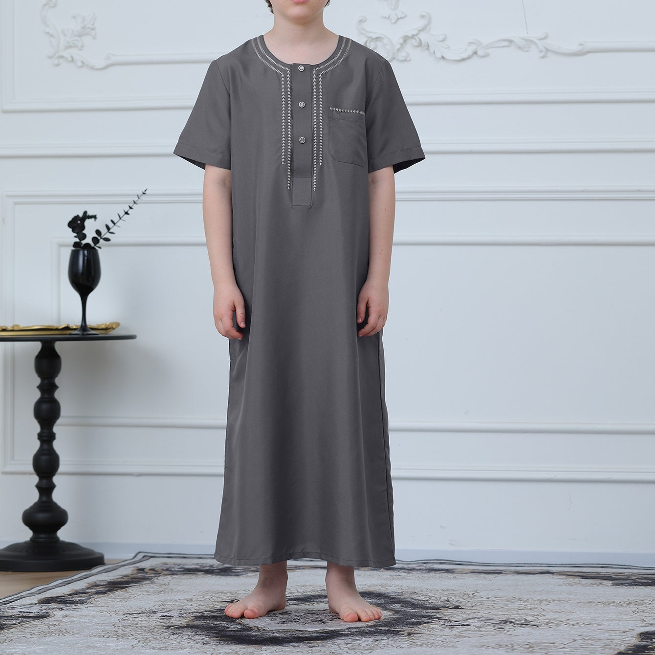 Boys Short Sleeve Embroidered Thobe with Pockets(MKB015)