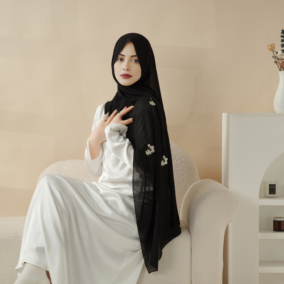 Plain Chiffon Shawl Hijab With Embroidery, Extra-Fine Embroidered Hijab