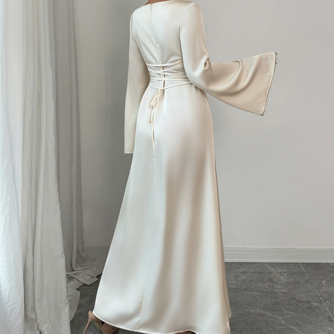 Belted Satin Maxi Dress | Long Sleeve Corset Waist Dress(MS276)