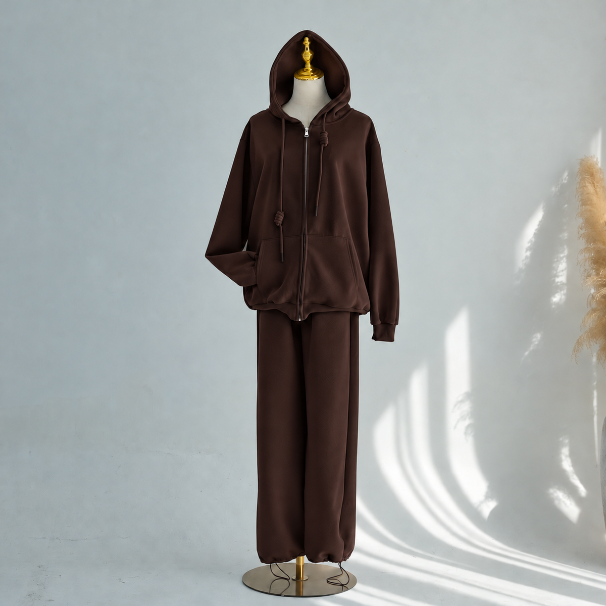 Zip-Up Hoodie & Wide-Leg Pants Set | Casual Modest Athleisure Two-Piece Outfit(MS595)