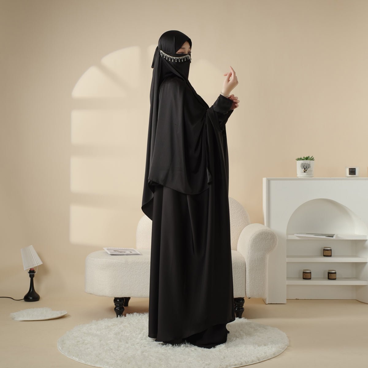 5 - Piece Set Butterfly Abaya With Niqab, Loose Full Cover Satin Abaya (MOA019) - Mariam's Collection