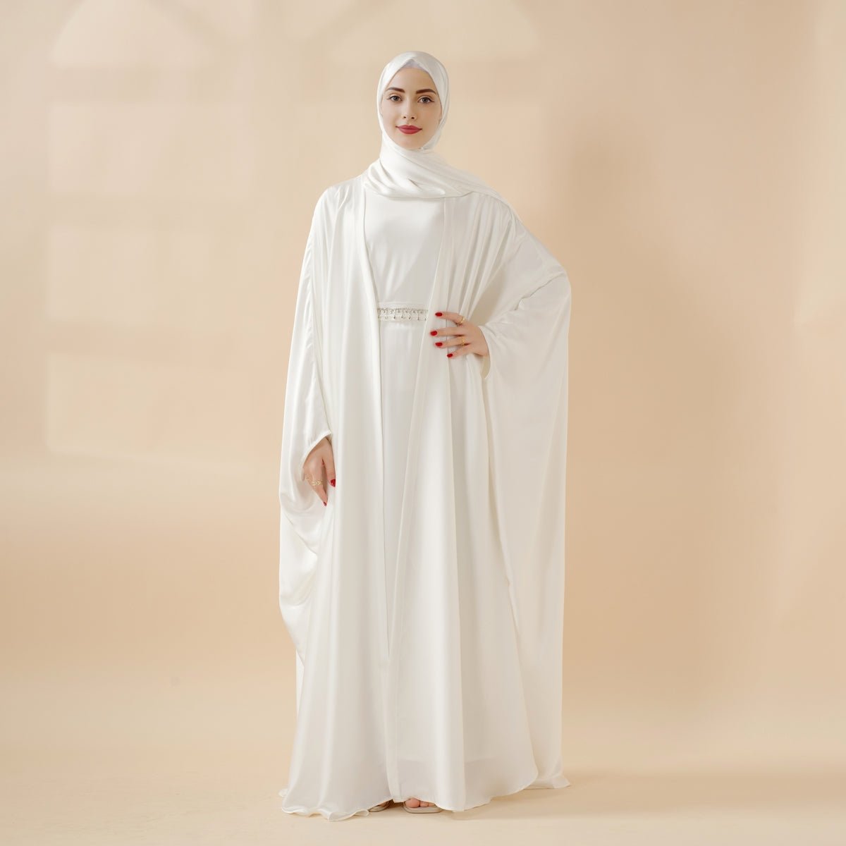 5 - Piece Set Butterfly Abaya With Niqab, Loose Full Cover Satin Abaya (MOA019) - Mariam's Collection