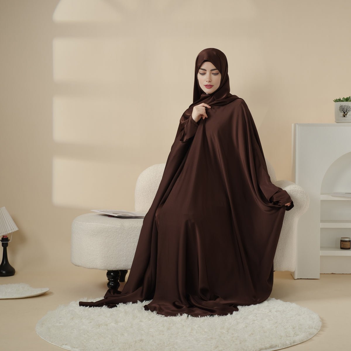 5 - Piece Set Butterfly Abaya With Niqab, Loose Full Cover Satin Abaya (MOA019) - Mariam's Collection
