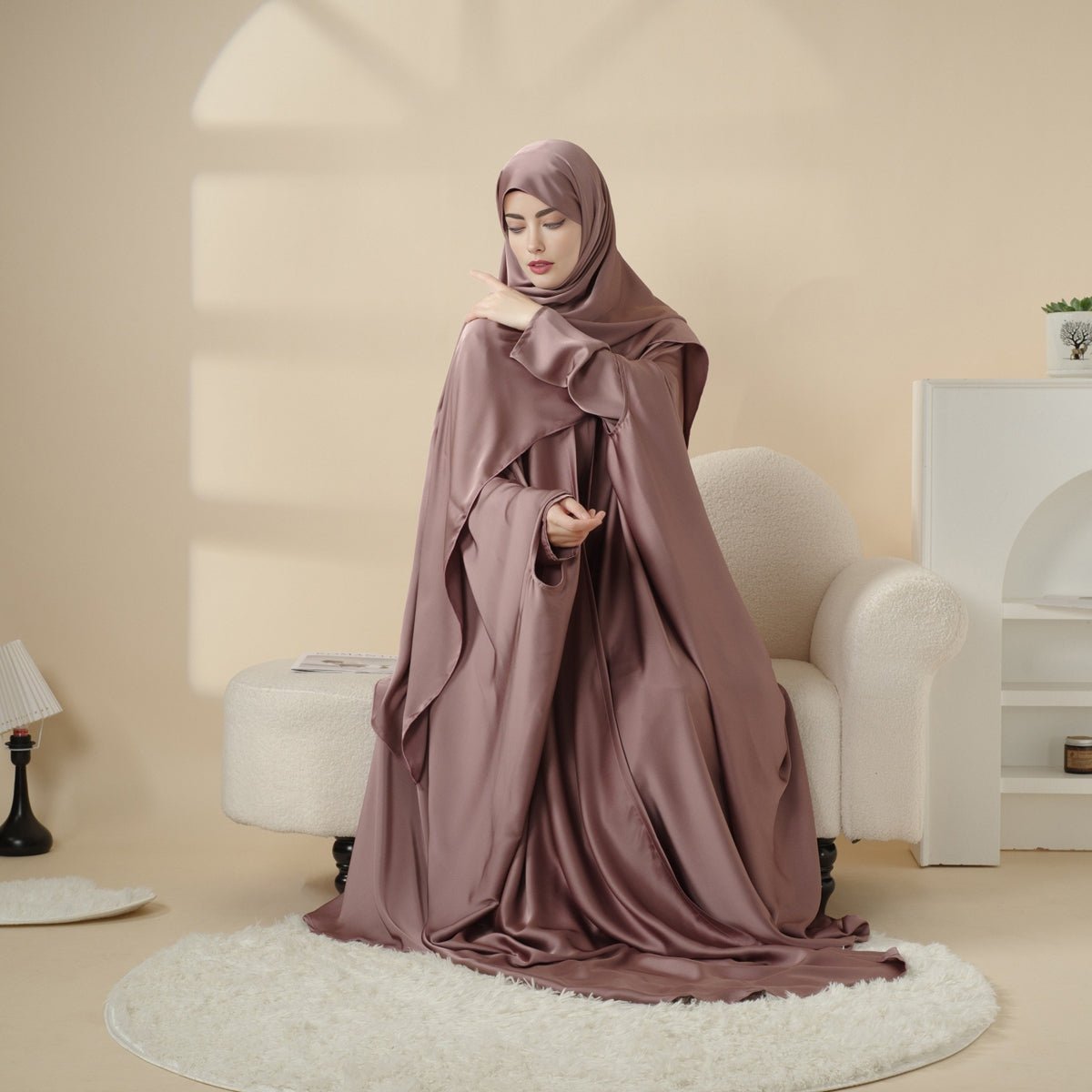 5 - Piece Set Butterfly Abaya With Niqab, Loose Full Cover Satin Abaya (MOA019) - Mariam's Collection