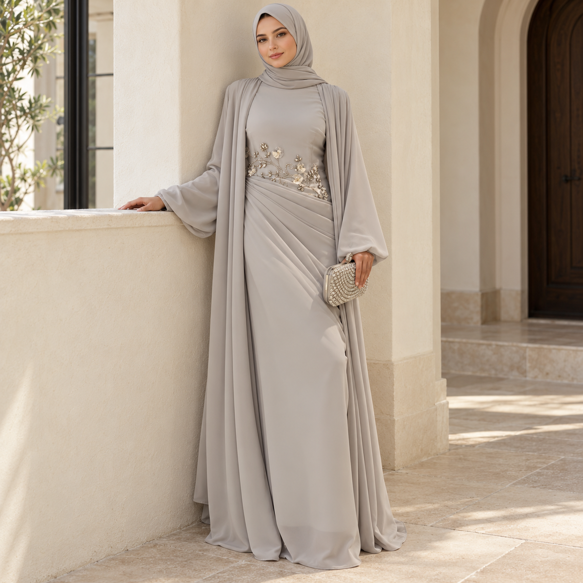 Rhinestone Floral Chiffon-Effect Evening Dress(MS591)