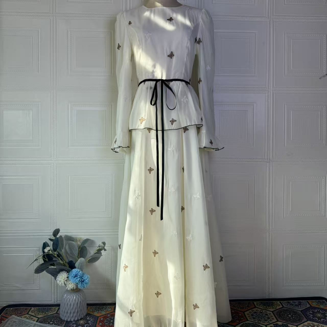 Butterfly Embroidered Maxi Dress | Long Sleeve Peplum Waist Dress(MS274)